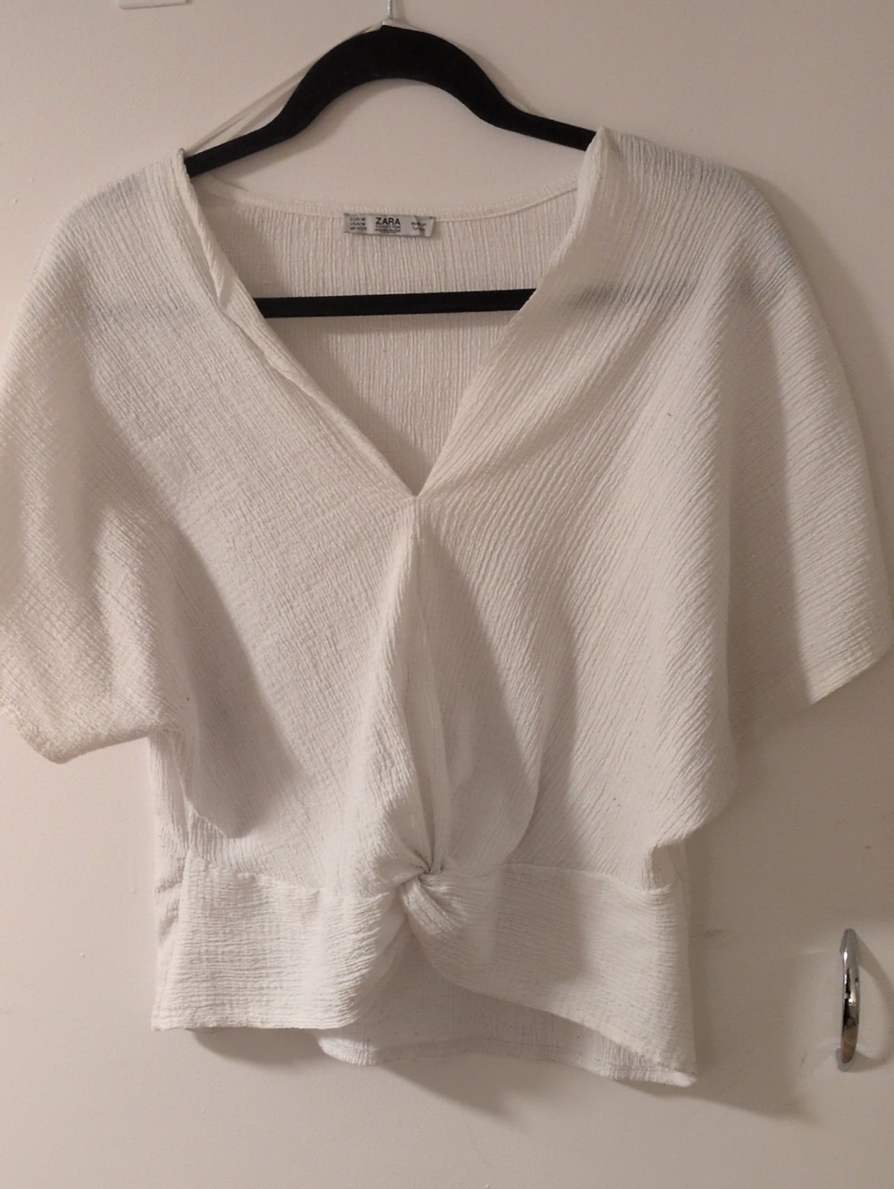 Zara White Textured Knot-Front V-Neck Top